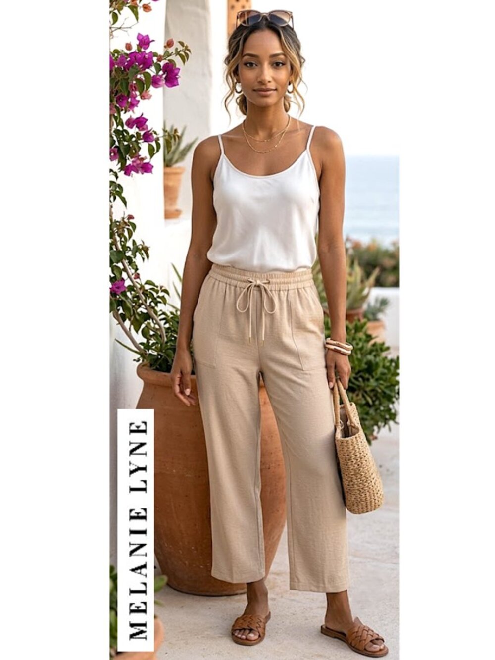 MELANIE LYNE - Beige drawstring waist wide leg joggers